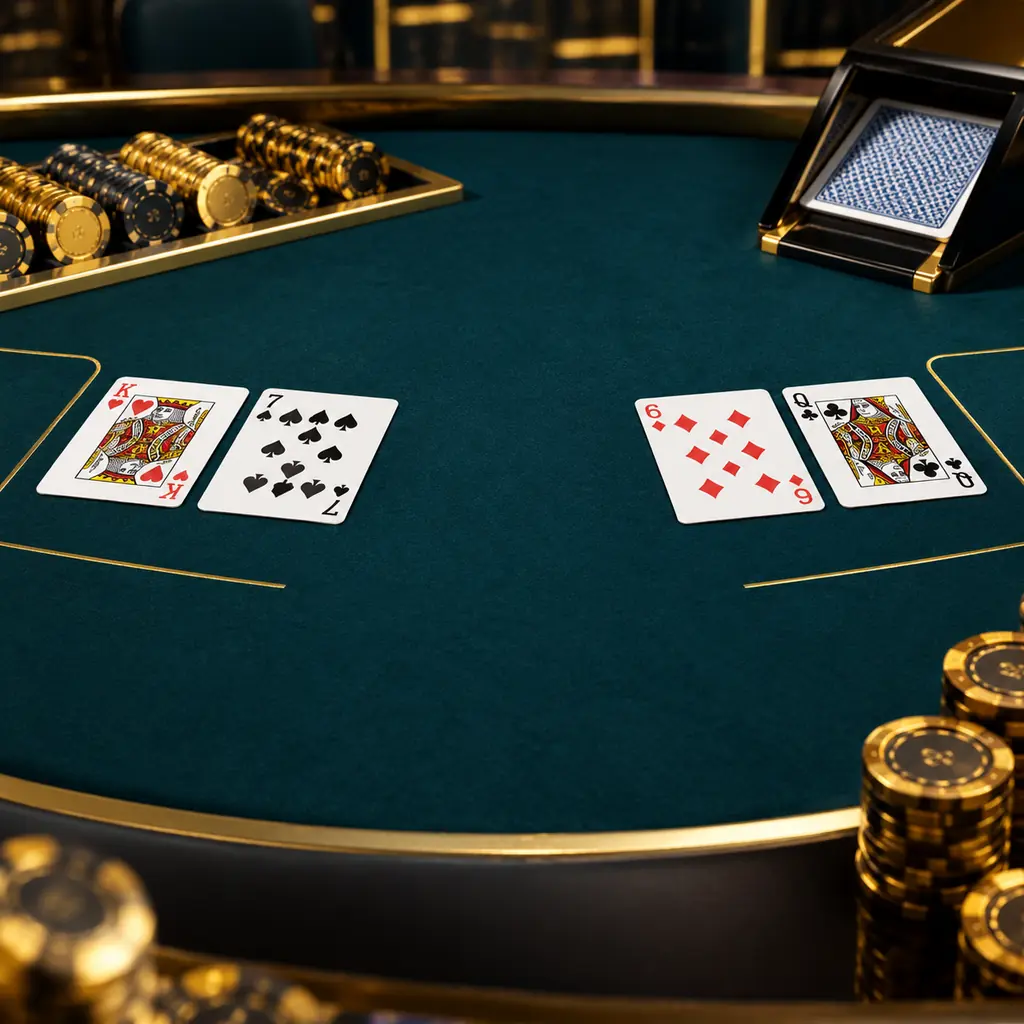 Dua tangan kartu baccarat di atas kain meja kasino