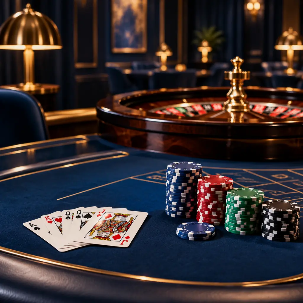 Kartu, keping dan roda roulette di ruang kasino bercahaya hangat