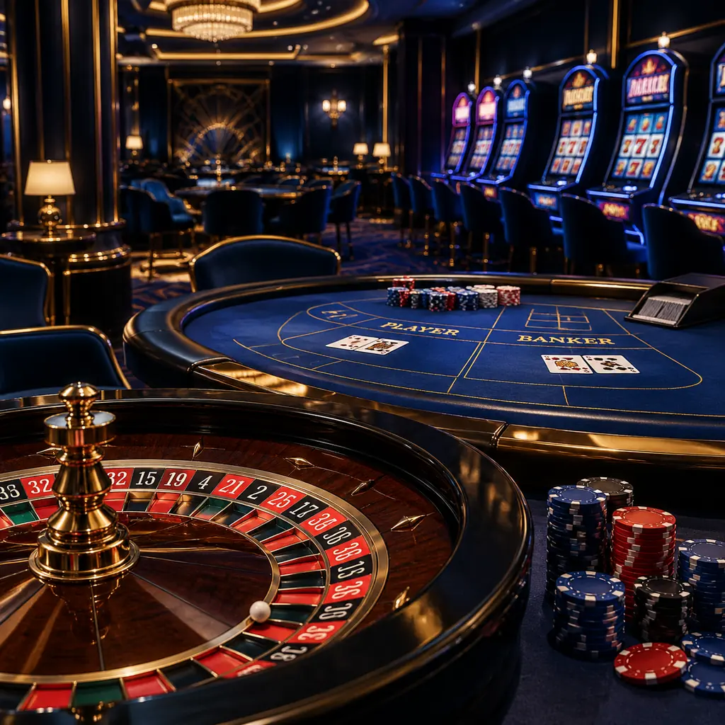 Meja kasino dengan roda roulette, kartu dan keping dalam cahaya keemasan