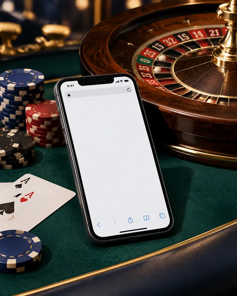 Ponsel dan kartu di sisi meja roulette kasino