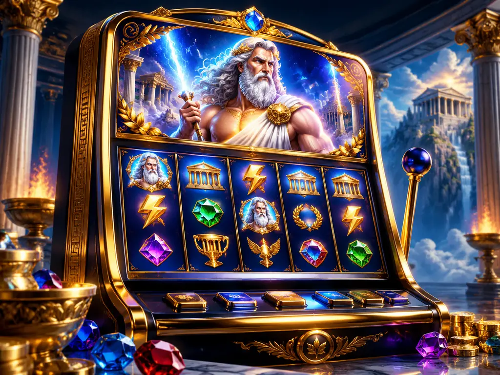 Mesin slot kasino dengan ilustrasi Zeus dan permata