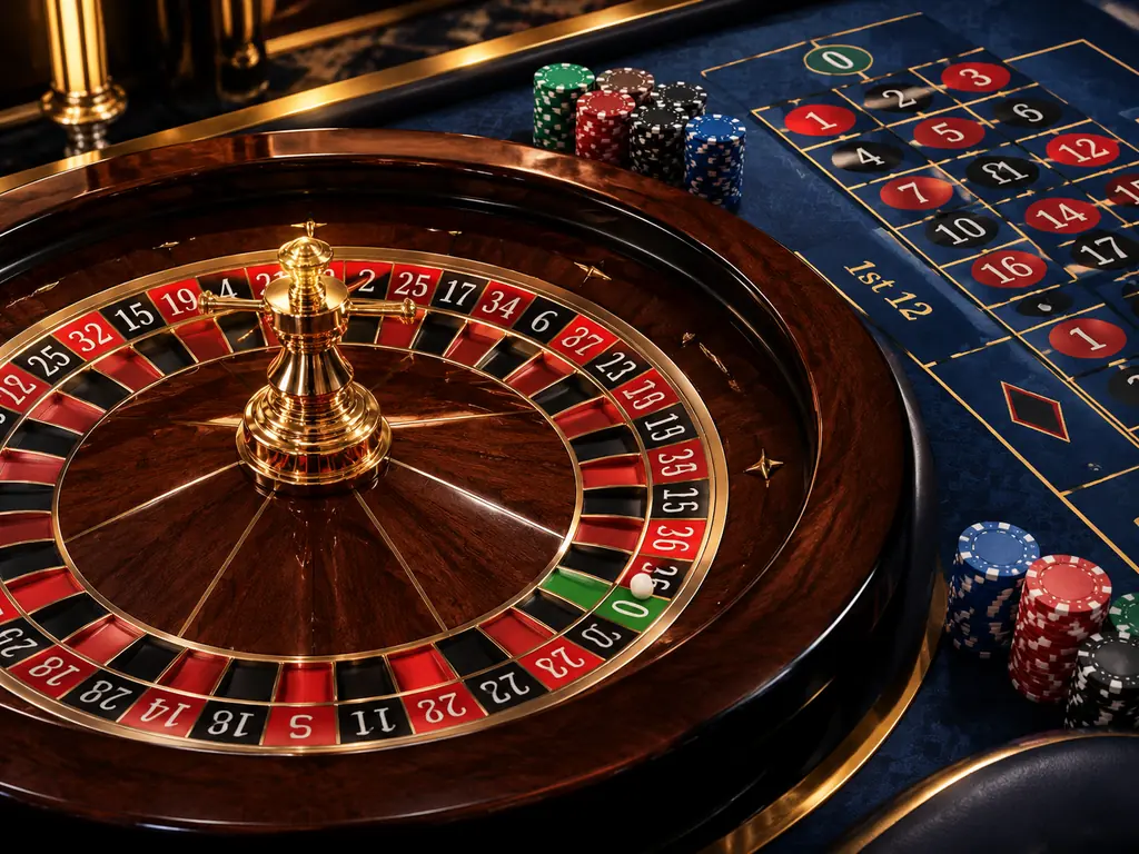 Roda roulette dan bola di samping susunan angka serta keping