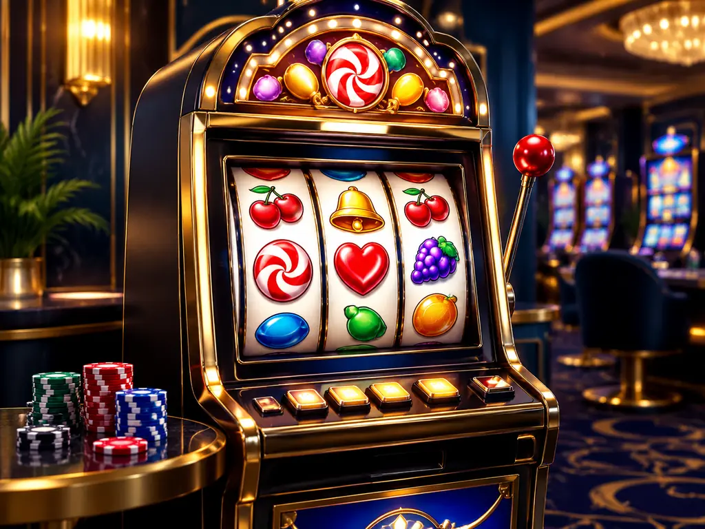 Mesin slot bertema permen dengan gulungan bergaya warna-warni